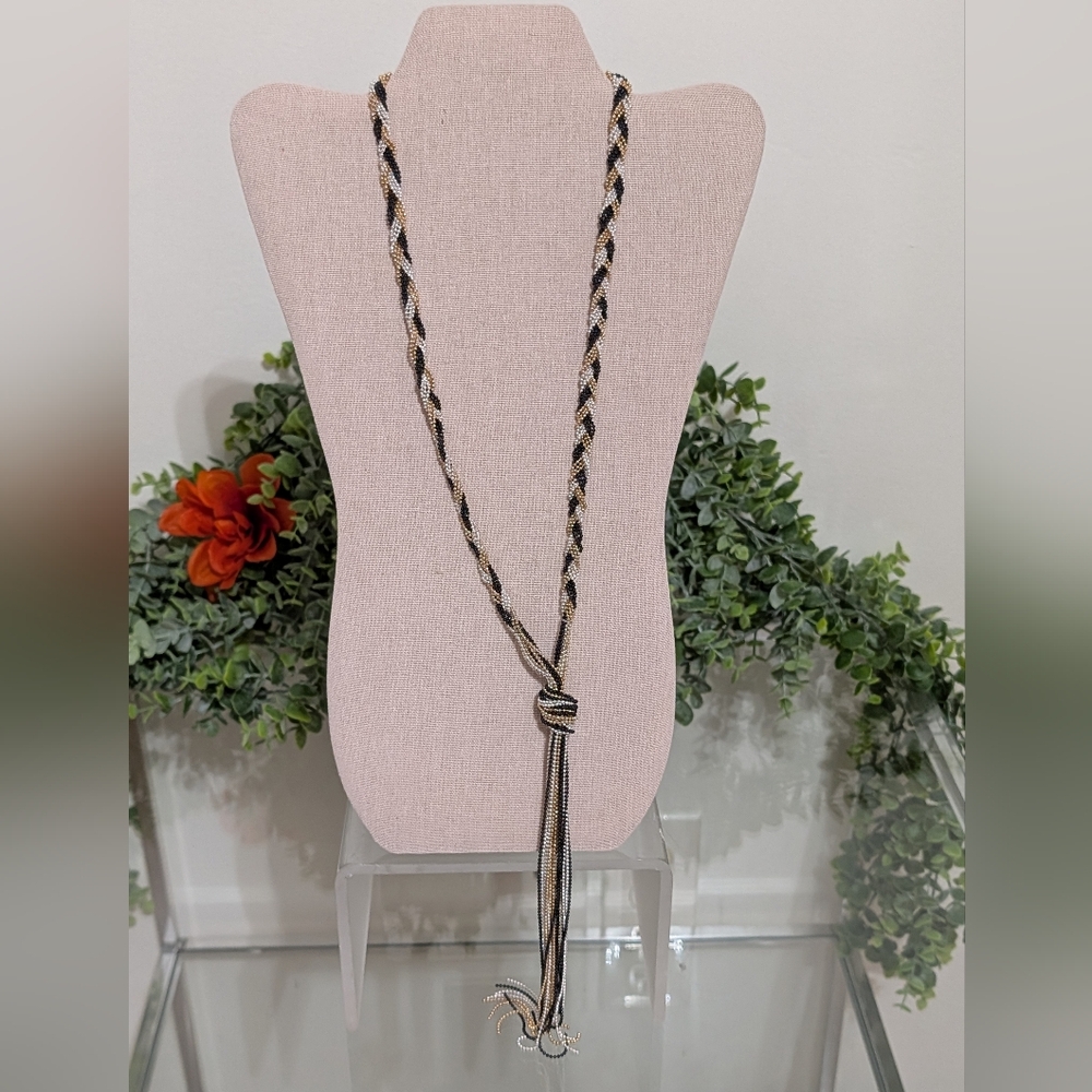 Braided Seed Bead Lariat Tassel Necklace